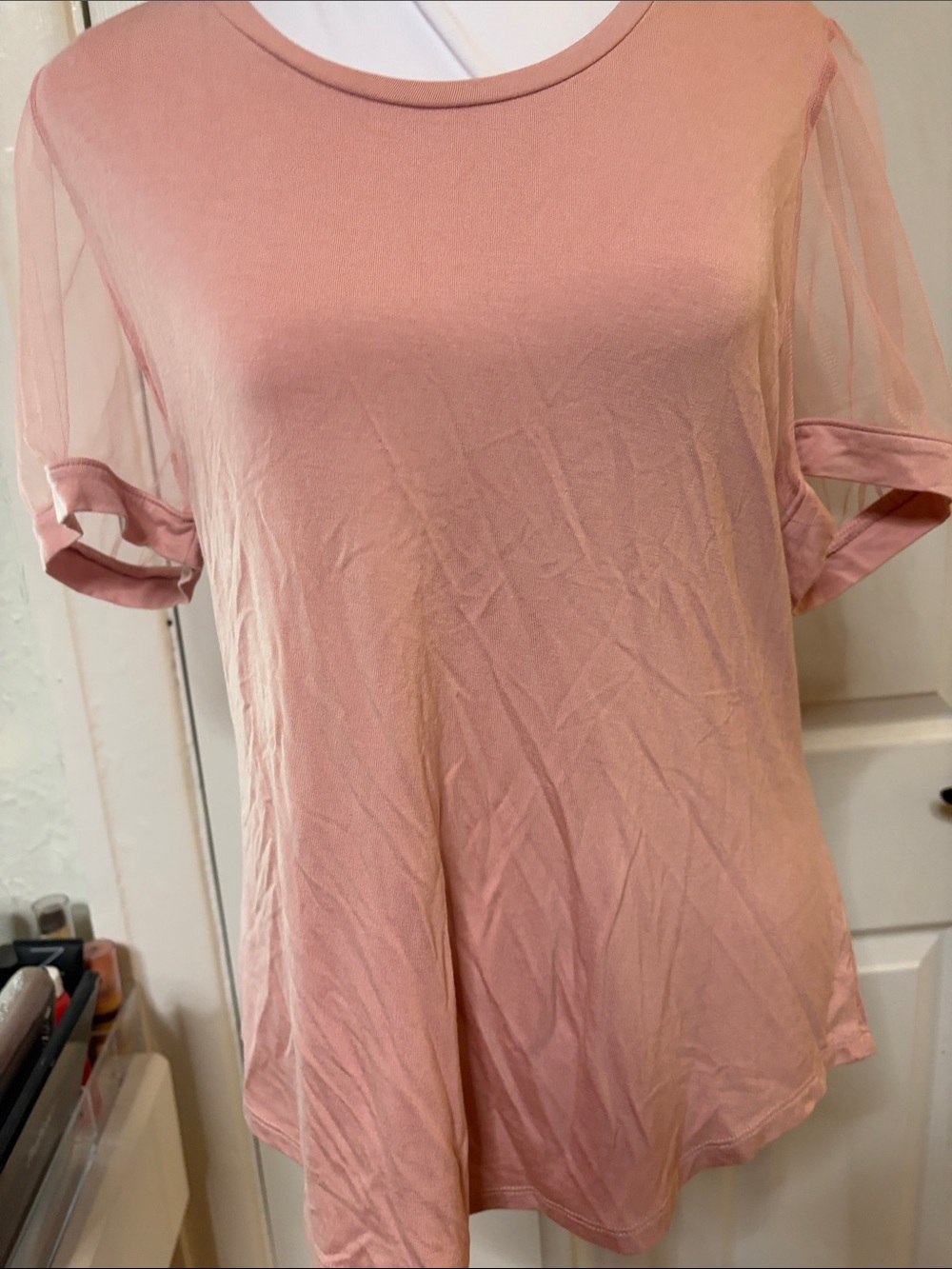 Dkny Dusty Pink Short Sleeve Sheer-Sleeve Top